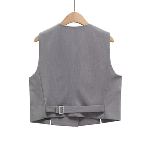 Back view of a grey button-down vest with adjustable buckle and tailored hem