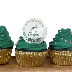 Silver acrylic Merry Christmas cupcake topper with reindeer pattern on a green cake