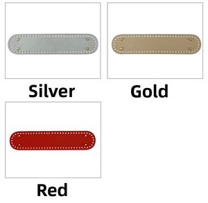 Detail view of oval PU leather bag bases with metal rivets in silver, gold, and red
