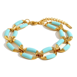 Chunky 18K gold plated stainless steel curb link bracelet with turquoise enamel inlay