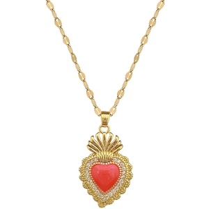 Sacred heart necklace in gold titanium steel with red enamel and sparkling crystals