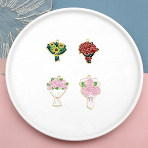 Enamel flower bouquet charms including sunflower and rose in gold alloy frames