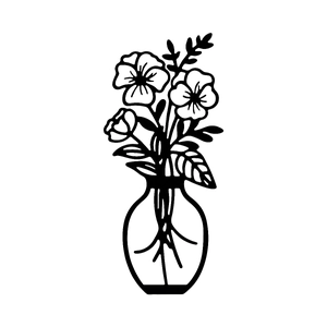 Arte de pared de metal estilo nórdico con florero y flores en elegante dibujo lineal negro