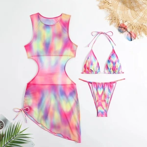 Driedelige bikiniset met mesh cover-up jurk in kleurverloop en strandaccessoires