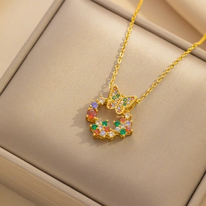 Golden titanium necklace with colorful zircon wreath pendant and butterfly in gift box