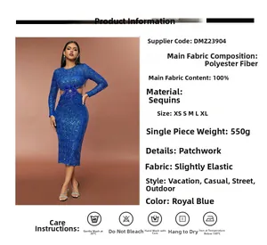 Détail de robe à paillettes bleu roi en 100% polyester avec un tissu légèrement élastique