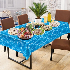 Blue ocean wave pattern waterproof rectangular tablecloth for nautical themed parties