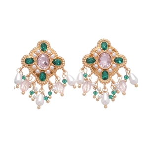 Vintage gold rhombus earrings with pink stones, pearls and beaded tassels on white background