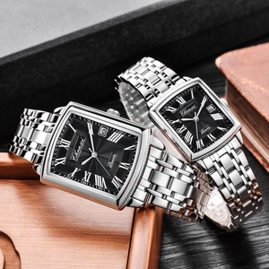 Chenxi couple quartz watches with silver metal bands and black square dials on wood