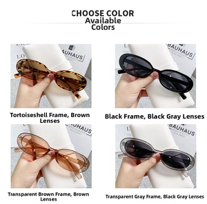 Detail view showing four color options for retro oval cat-eye sunglasses with UV protection