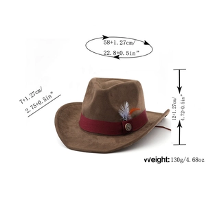 Detailed size chart of a brown felt cowboy hat with feather trim and ribbon band