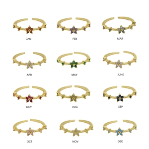 18k gold plated brass flower rings with birthstone crystals in 12 colors for women