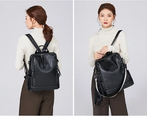 Dual view of black leather backpack showing back straps and top handle detail