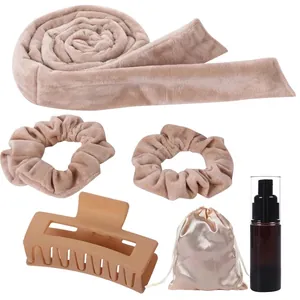 6-piece heatless hair curler set in champagne velvet with spray bottle and satin bag