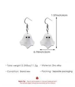 Ghost drop earrings detail showing dimensions of 4cm height and 2cm width in zinc alloy