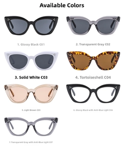 Detailed view of cat-eye sunglasses collection with metallic rivets and multi-color frames