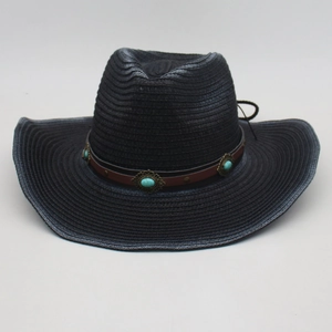 Bohemian black straw cowboy hat with turquoise-studded leather band and wind rope