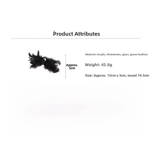 Detail of luxury hair claw with black feathers, crystals, and acrylic material specs