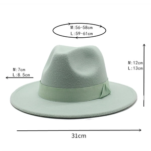 Detailed measurement guide for wool fedora hat showing crown height and brim width sizes
