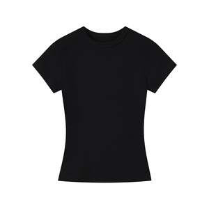 Detailed close-up of slim fit black cotton t-shirt with crew neck and premium texture