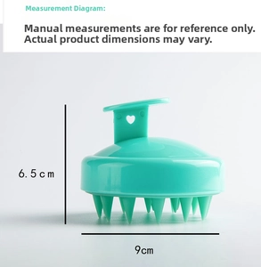Detailed measurement chart of silicone scalp massager brush showing 9cm width and 6.5cm height