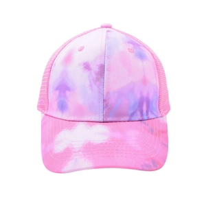 Detailed front view of pink tie-dye baseball cap with mesh back and reinforced curved brim