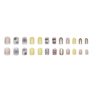 Cute cartoon star false nails with hand-painted cat and sun patterns in 24 piece set