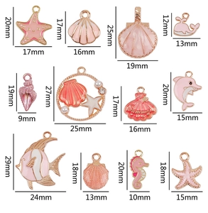 Detailed size chart for pink enamel sea animal charms like starfish and dolphins