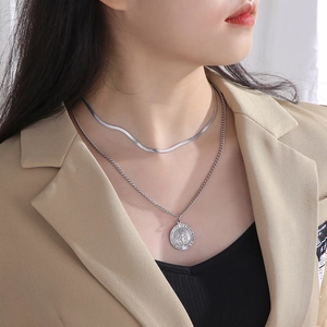 Close-up of double-layer silver titanium steel necklace with Virgin Mary pendant