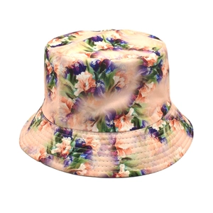 Detail of oil painting floral bucket hat with heavy canvas and stitched brim layers
