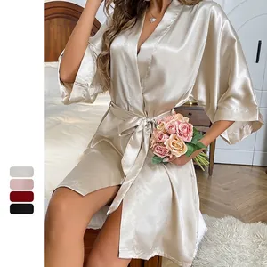 Women Satin Robe Satin Like V-Neck Belted Sleepwear Nightgown Kimono Style Lightweight Solid Color