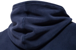 Close-up of navy blue polar fleece fabric texture on a stand collar sweatshirt hood