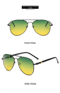 Front and side views of black metal pilot sunglasses with day-night polarized lenses