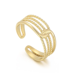 Adjustable gold layered leaf ring with beaded texture minimalist open band for women