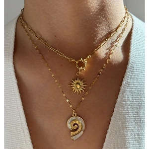 Vintage French Sunburst Conch Shell Pendant Necklace 316L Stainless Steel 18K Gold Plated Paperclip Chain Bohemian Women Jewelry
