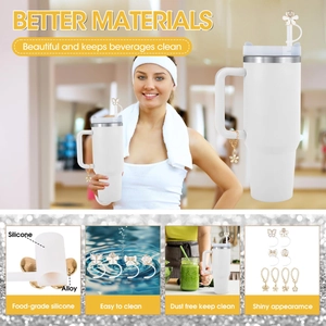 Detail of food-grade silicone straw cover and shiny alloy bow charms for tumblers