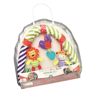 Rainbow play arch with plush lion and bird toys in transparent retail packaging