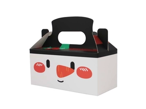 Detail of square Christmas candy box with cartoon pattern and black paper handle