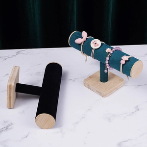 Single tier T-bar velvet jewelry display stand with bamboo base for bracelets and watches