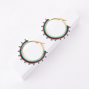 Bohemian Miyuki seed bead hoop earrings with colorful handmade floral patterns