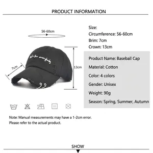 Distressed cotton baseball cap with iron rings and white embroidery detailing