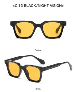 Detail view of square matte sunglasses with black frames and yellow night vision lenses