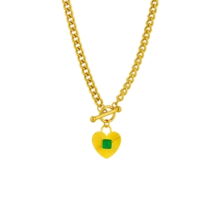 Gold OT buckle necklace with green malachite heart pendant on a Cuban chain
