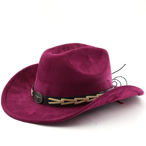 Detail of western cowboy hat with purple suede texture and bronze bull head buckle