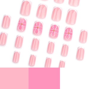 Short square pink press-on nails with 3D white flowers and French gradient design