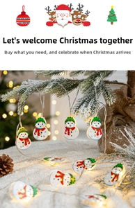 Detail of LED Christmas lights featuring cute snowman pendants and warm festive glow