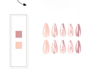 Detail of pink almond press-on nails featuring glitter and marble texture accents
