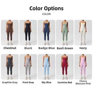 Collage of two-piece yoga sets in ten solid colors showing bras and high-waist leggings