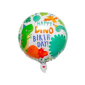 Detail of round dinosaur balloon with Happy Dino Birthday text and cartoon graphics