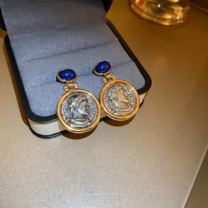 French vintage style round geometric earrings with blue oval gem and Roman coin profile
